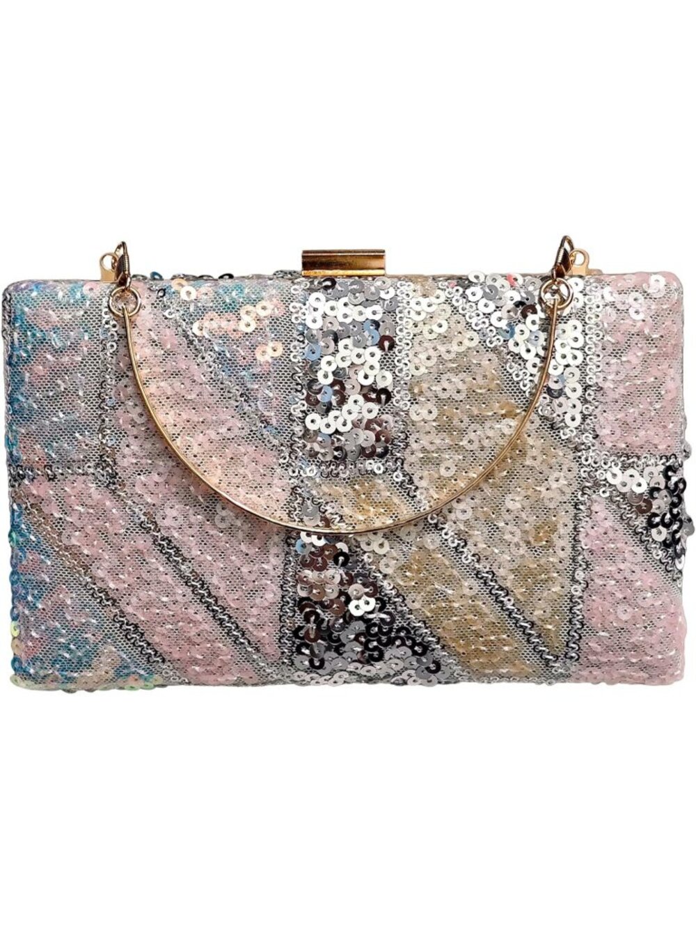 Womens Pastel Pink Silver Sparkly Sequin Top Handle Clutch Purse Evening Handbag
